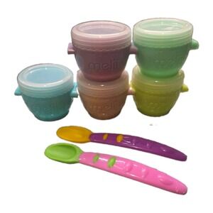 Melii Snap & Go Pods Baby Food Snack Containers Lot 5 Cups Lids 2oz & 2 Spoons